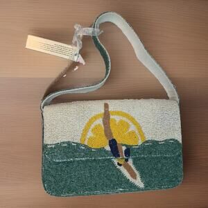 Viral Handcrafted In India Beach Sun Beaded Bag Purse New Aqua Ivory